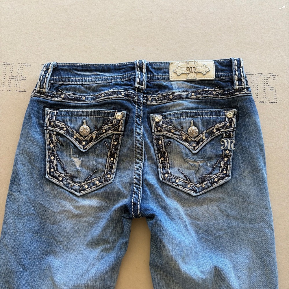 Y2K Miss Me Mid-Rise Crop Distressed Rhinestone Jeans